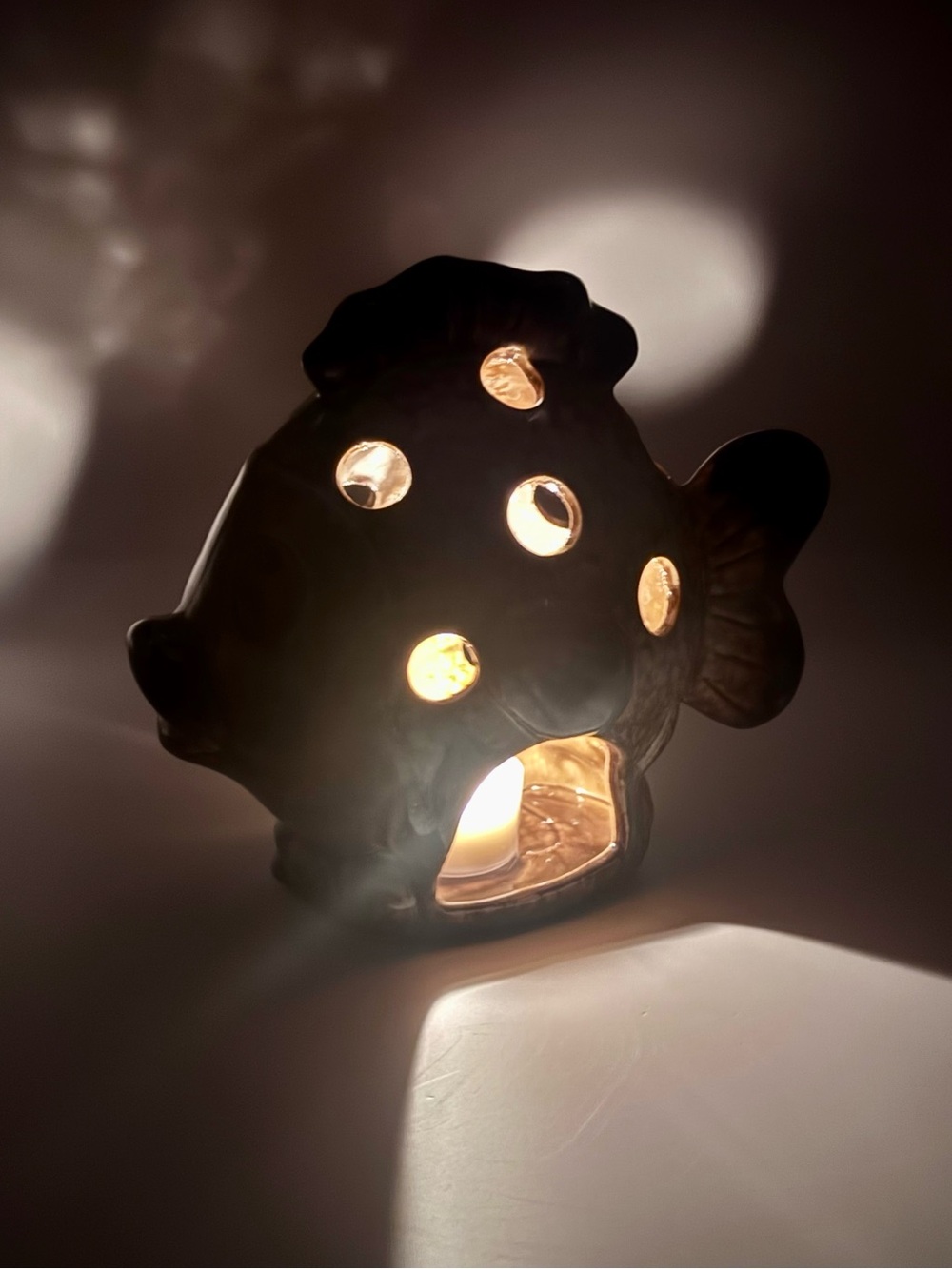 Ceramic Fish Luminary Candle Holder Art Pottery Drip Glazed Tea Light Coastal 8”